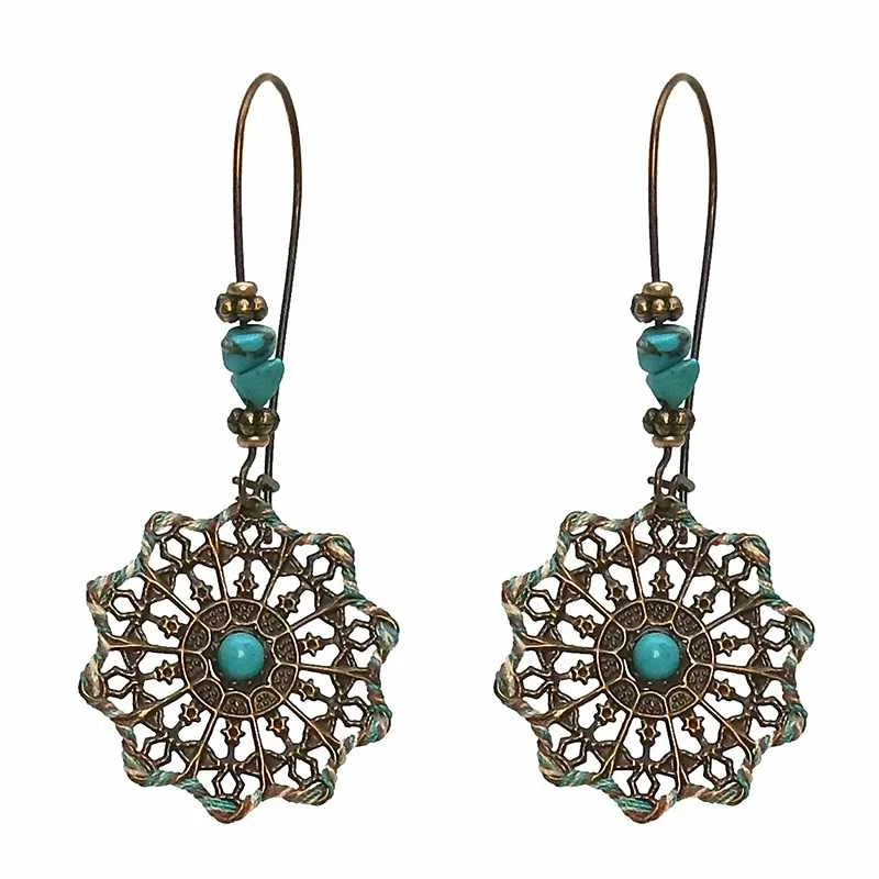 

Vintage Ethnic Bohemia turquoise Handmade tassel alloy circle flower Drop Earrings for Women Jewelry Sets, Retro