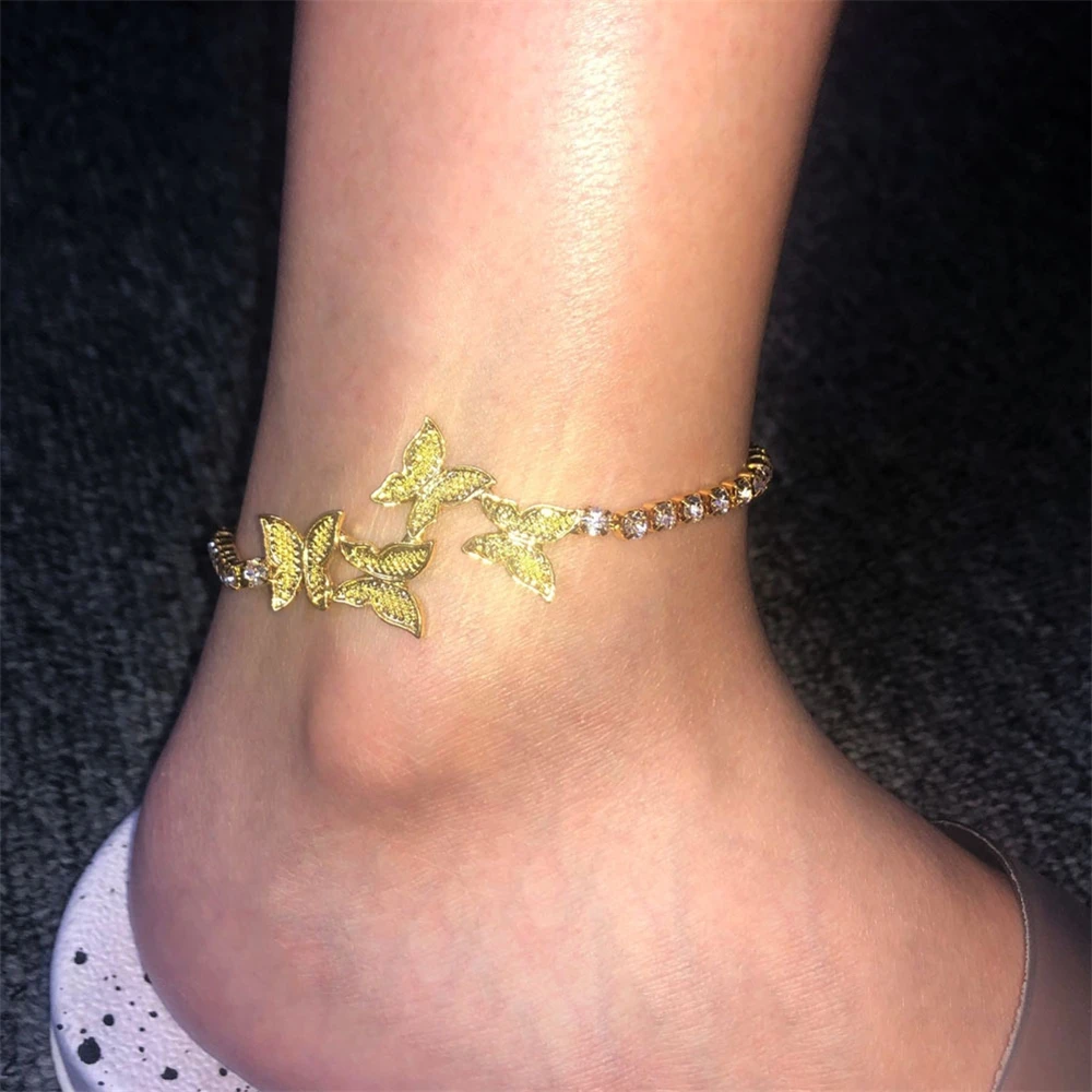 

HOVANCI 4 Fashion Adjustable Full Diamond Butterfly Ankle Bracelet Gold Crystal Rhinestone Tennis Chain Butterfly Charm Anklet