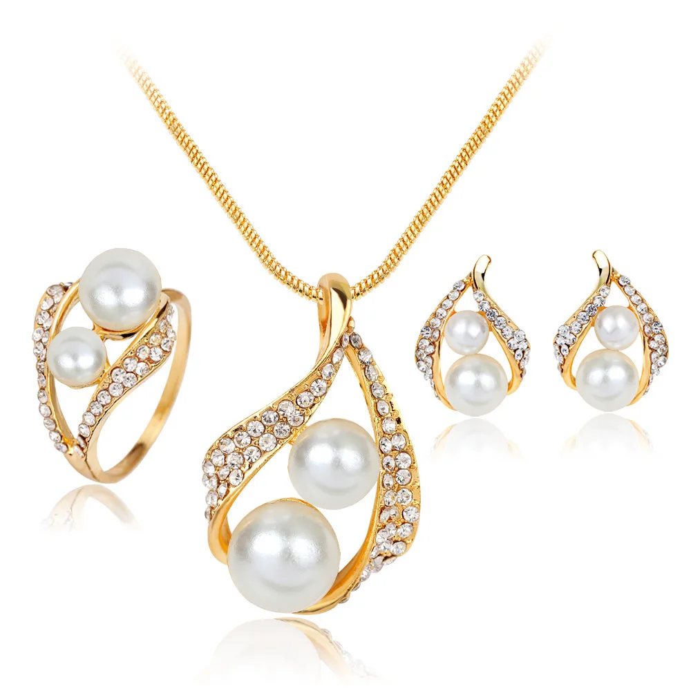 

Hot Style Luxury 18K Rose Gold Plated Crystal Pearl Diamond Bridal Jewelry Set