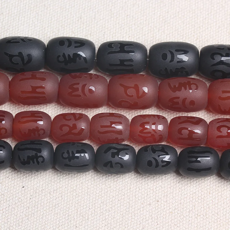 

AB0827 Matte Mantra Carved Black Agate Barrel Beads,Matte Red Tibetan om mantra etched black agate barrel beads