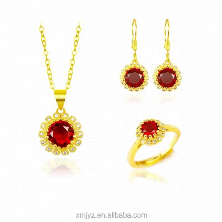 

Brass Gold-Plated Daisy Gemstone Ring Vietnam Sand Gold Ladies Ruby Micro-Inlaid Sunflower Set Necklace Earrings