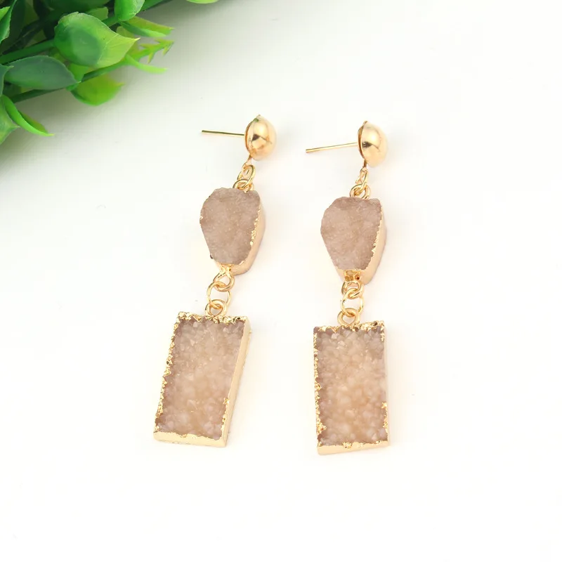 

Rectangular Geometric Druzy Quartz Drop Earrings Gold Square Crystal Stud Double Drop Dangle Earrings for Ladies Women