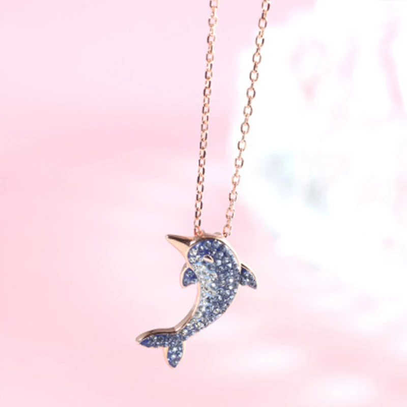 

Jachon exquisite S925 sterling silver Dolphin necklace with gradual setting diamond dolphin cute pendant jewelry choker chain, As picture