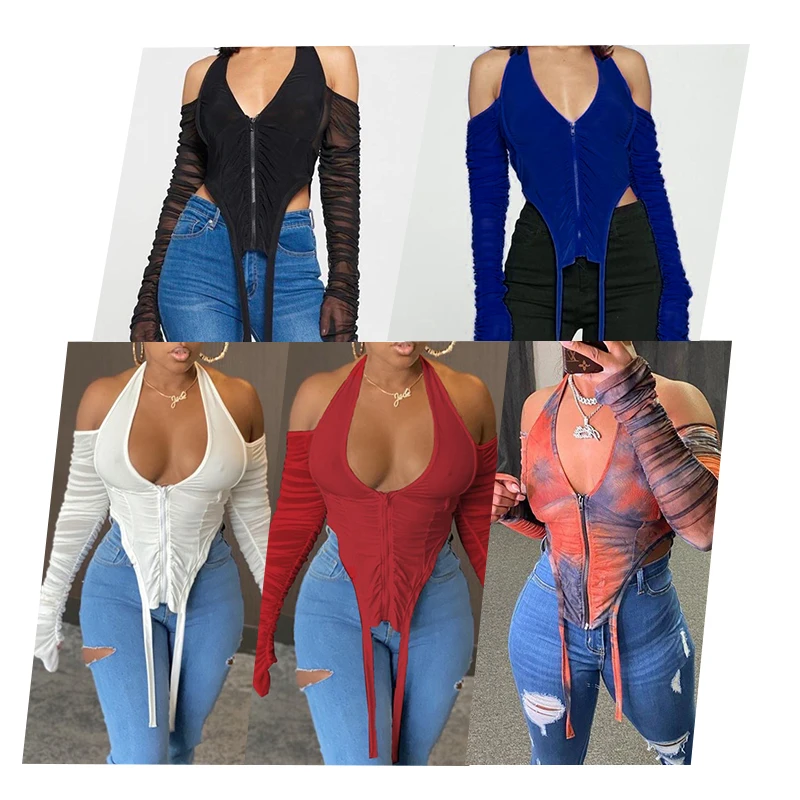 

Fashion Women's Clothing 2021 Autumn V-neck Tops Lace Mesh Transparent T-shirt Long Sleeve Crop Top woman tops fashionable