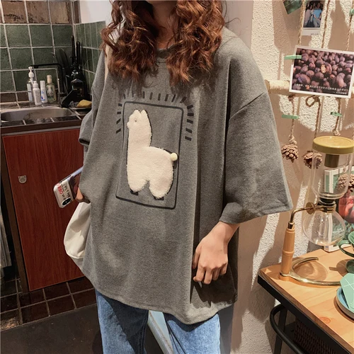 

Cartoon Animal Printed Casual Loose Oversize Korean Style 2021 spring Summer Short Sleeve Women Top Female T-shirts clothes
