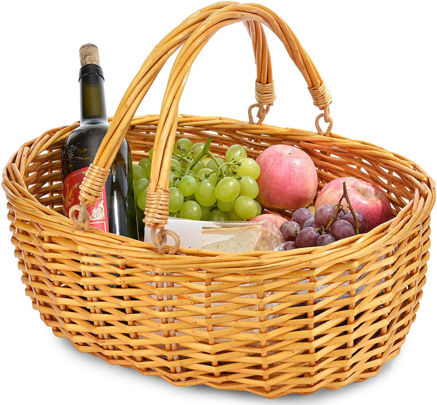 柳条篮子与双折叠手柄柳条复活节篮子柳树野餐篮组织者毯子存储