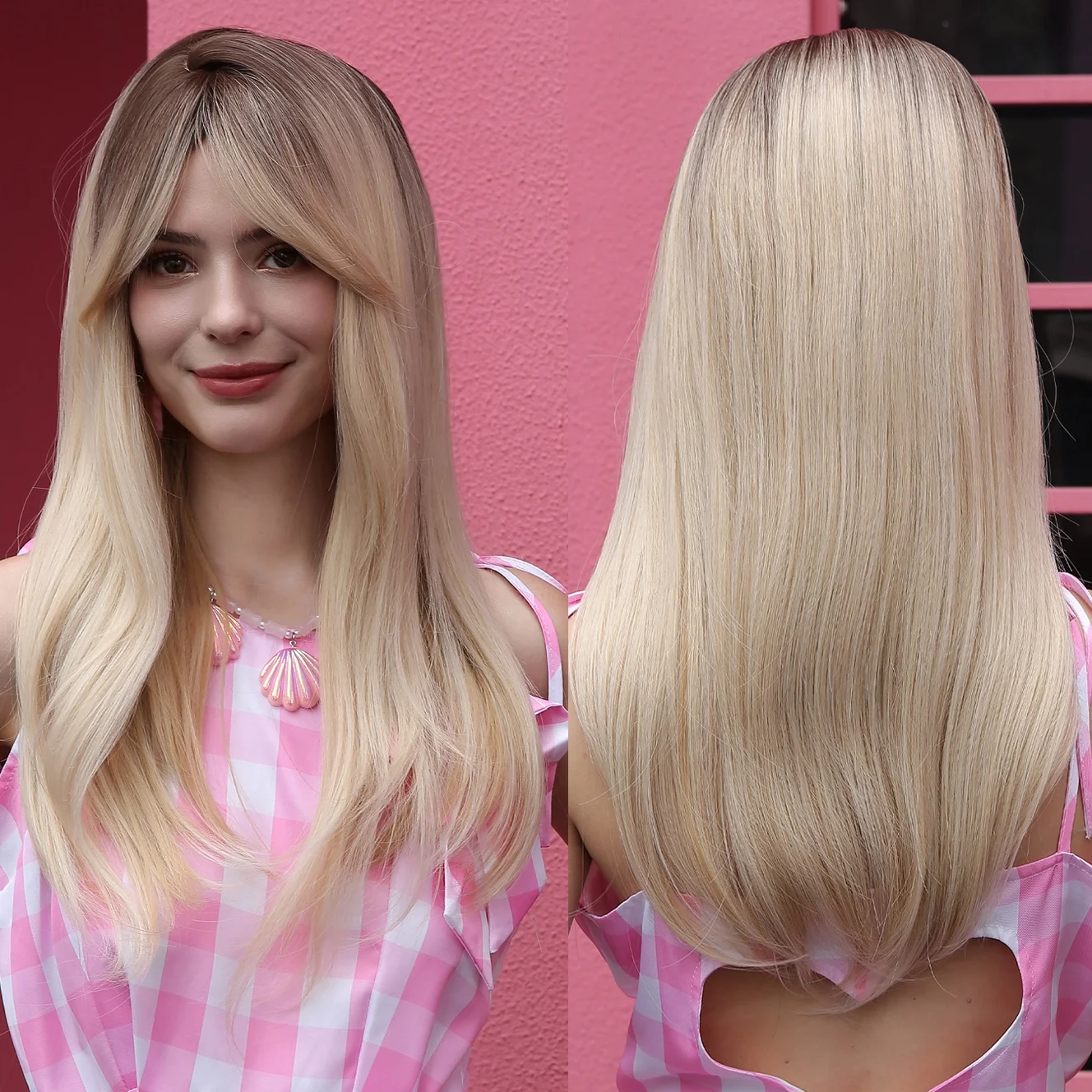 Factory Fast Delivery Ombre Light Blonde Wig for Women Long Layered Straight Wigs with Bangs Synthetic False Hair