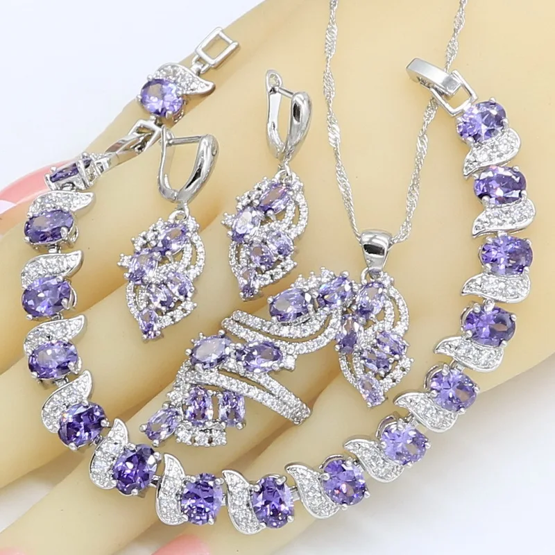 

White Gold Plated Jewelry Sets for Women Wedding Purple Amethyst Necklace Pendant Earrings Ring Bracelet Gift Box