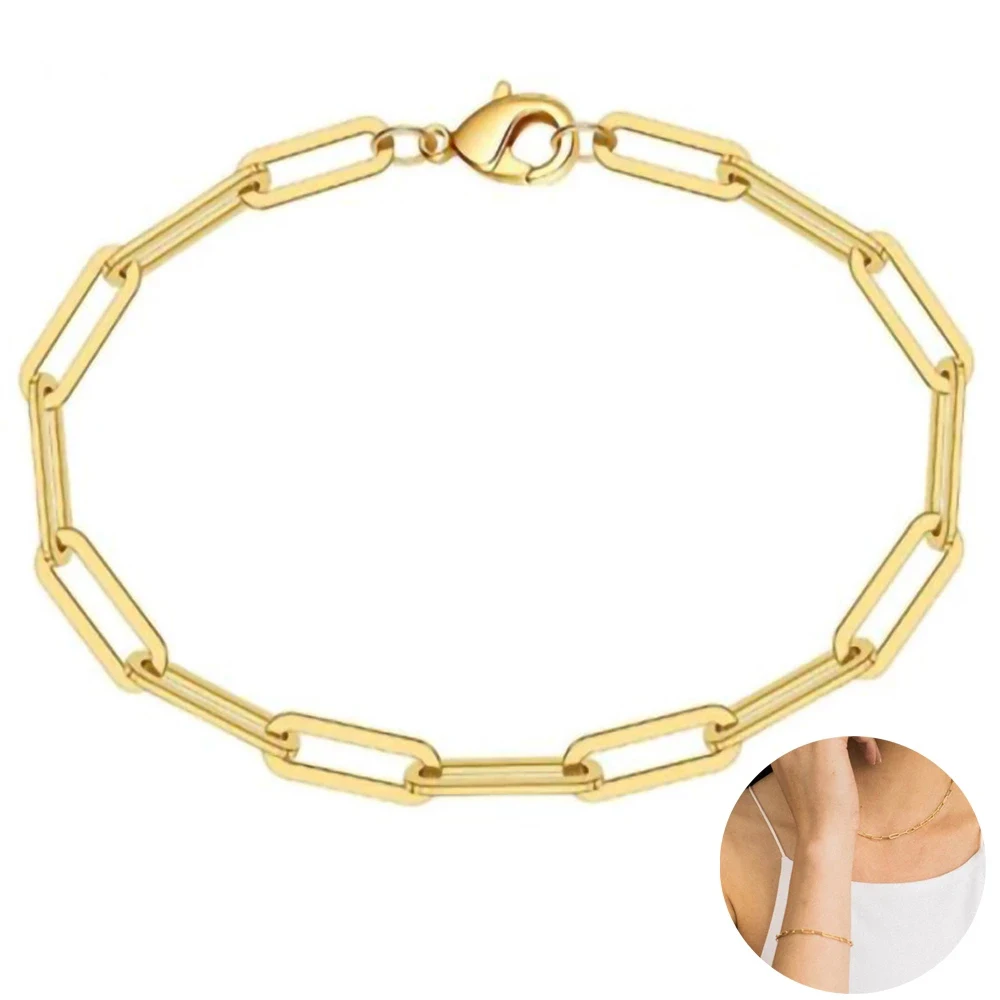 

Adjustable Luxury Fashion Gold Plated Stainless Steel Minimalist Paperclip Chain Bracelets for Women