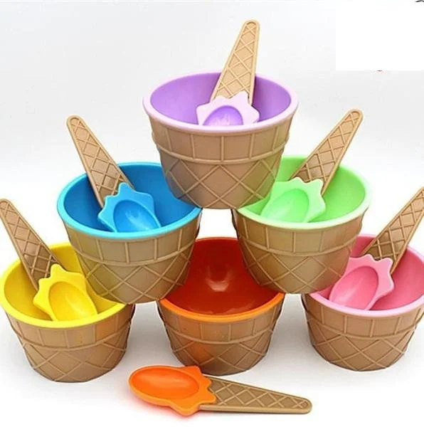 

S1455 Ice cream bowl set Children Plastic Ice Cream Small Bowl Set With Spoon Summer Cute Dessert Ice Cream Bowl, Mixed color