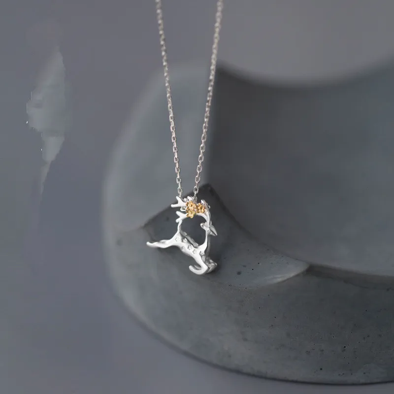 

925 silver necklace female frosted fawn lovely gold-plated silver flower Sika deer pendant necklace