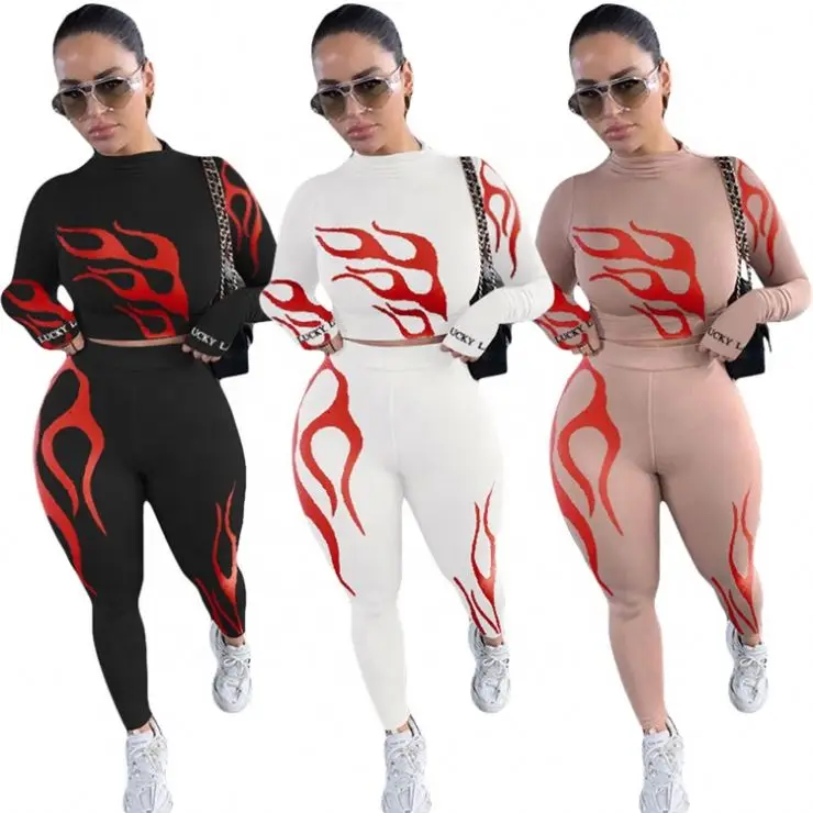 

2021 spring women fall clothing flame print sport suits long sleeve bodycon 2 piece pants set tracksuits for women outfits, Solid