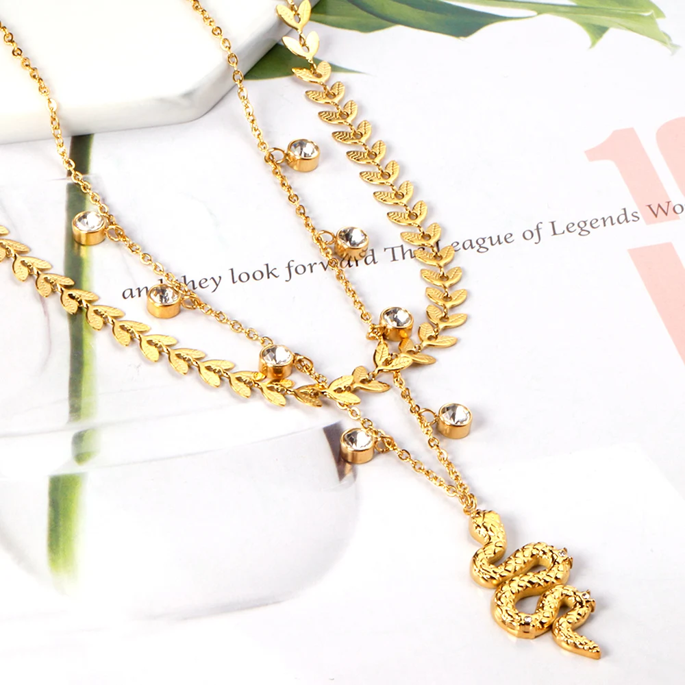 

2021 New Minimal Fashion Gold Plated Double Chains Stainless Steel Snake Pendant Necklaces Jewelry