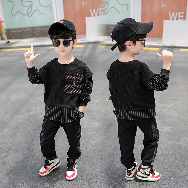 
DRZYF2008B01 Spring Autumn Kids Clothing Sets Fashion Design Casual Black Boy Sweatshirt and Pants Clothes Children 