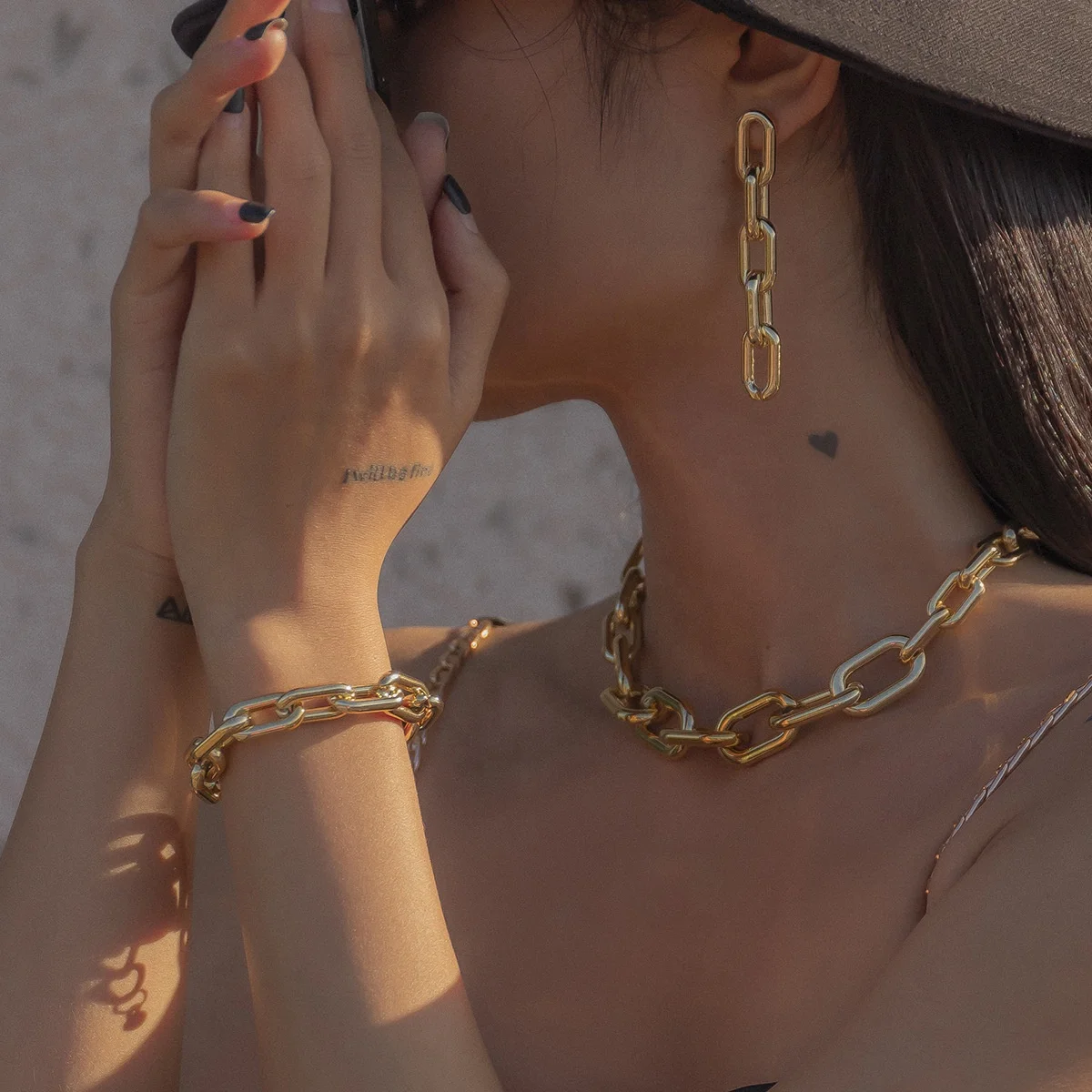

Punk Hip Hop Chunky Thick Choker Necklaces Drop Earrings Bracelets Bangles for Women Vintage Gold Color Jewelry Set, Customized color