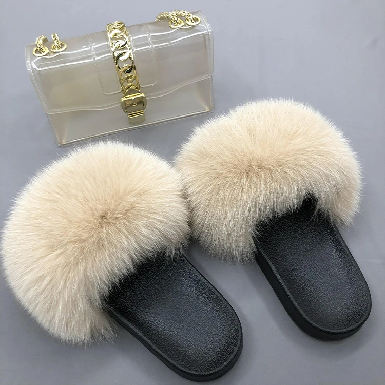 

2pcs Ladies colorful purse jelly square hand bags and girls real fox fur slides slippers, Customized color