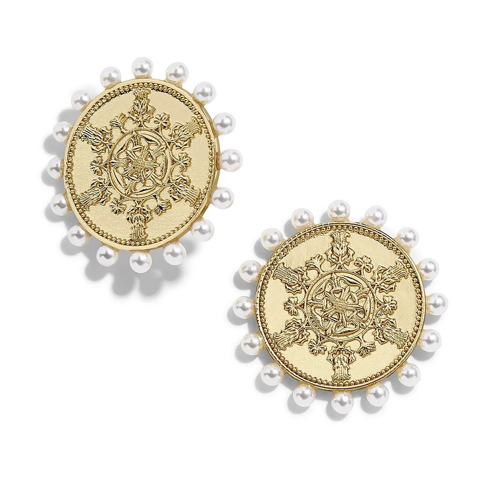 

JUHU 2021 New geometric exaggerated relief earrings retro round pearl earrings and versatile brooch jewelry for women