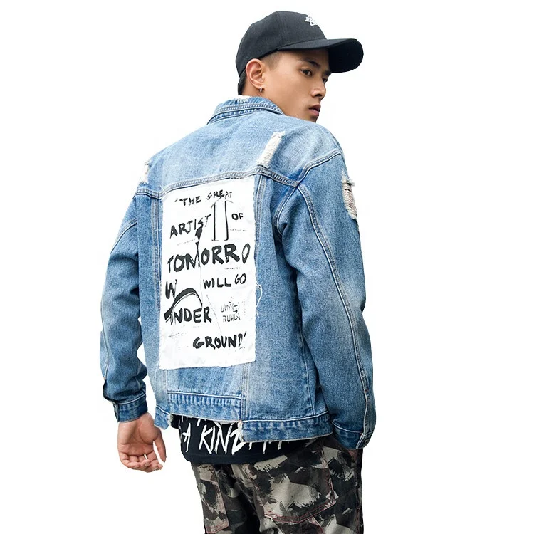

Gulidd oem Custom Men plus size slim fit turn-down collar Distressed ripped blue washDenim Jean Jacket casual coat men