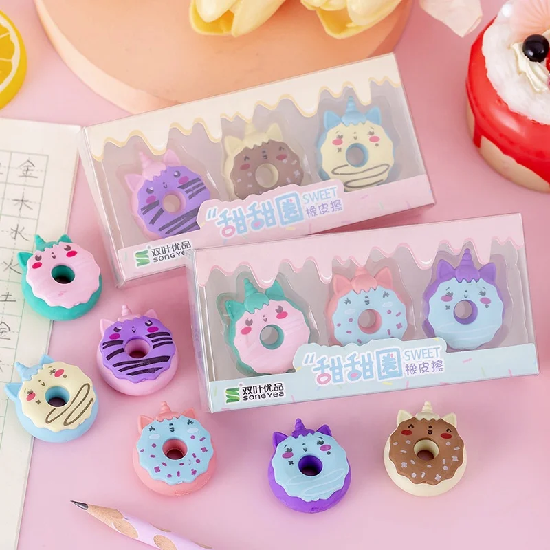 

Creative kids stationery school cartoon cute mini unicorn donut eraser set