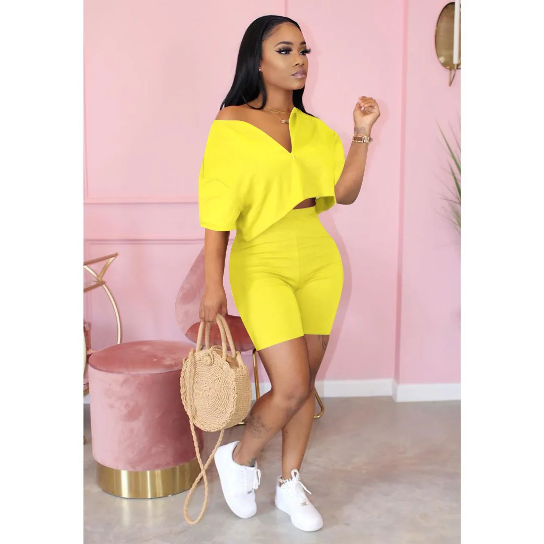 

A0243 2021 hot style cute cute fashion colorful two-piece short sets, Pink/yellow/orange/red/black/fluorescent green/light green