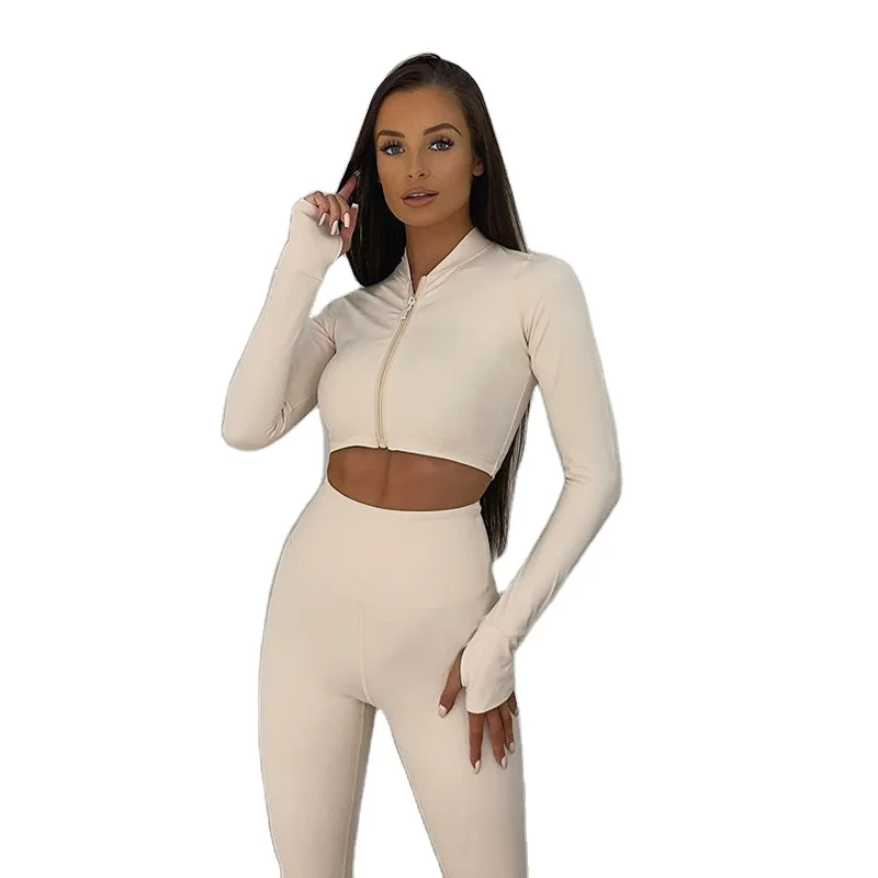 

Activewear Woman Tracksuits Sets Sport Shirt Crop Top long sleeve Legging 2Pices Sportswear Mujer Jogging Fitness Matching Suits, Black, khaki,rose