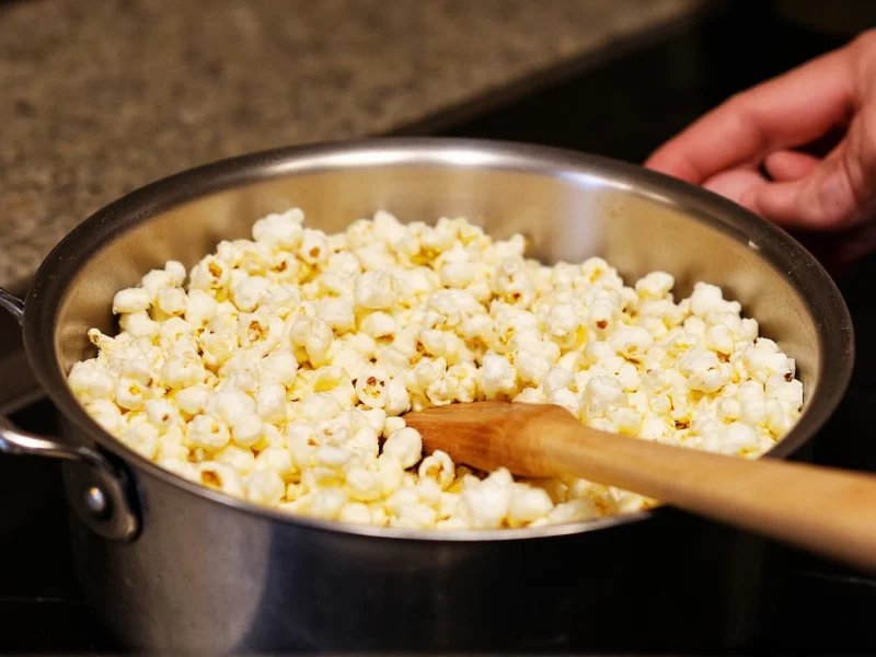 Stovetop popcorn popping in stainless steel pot with wooden spoon