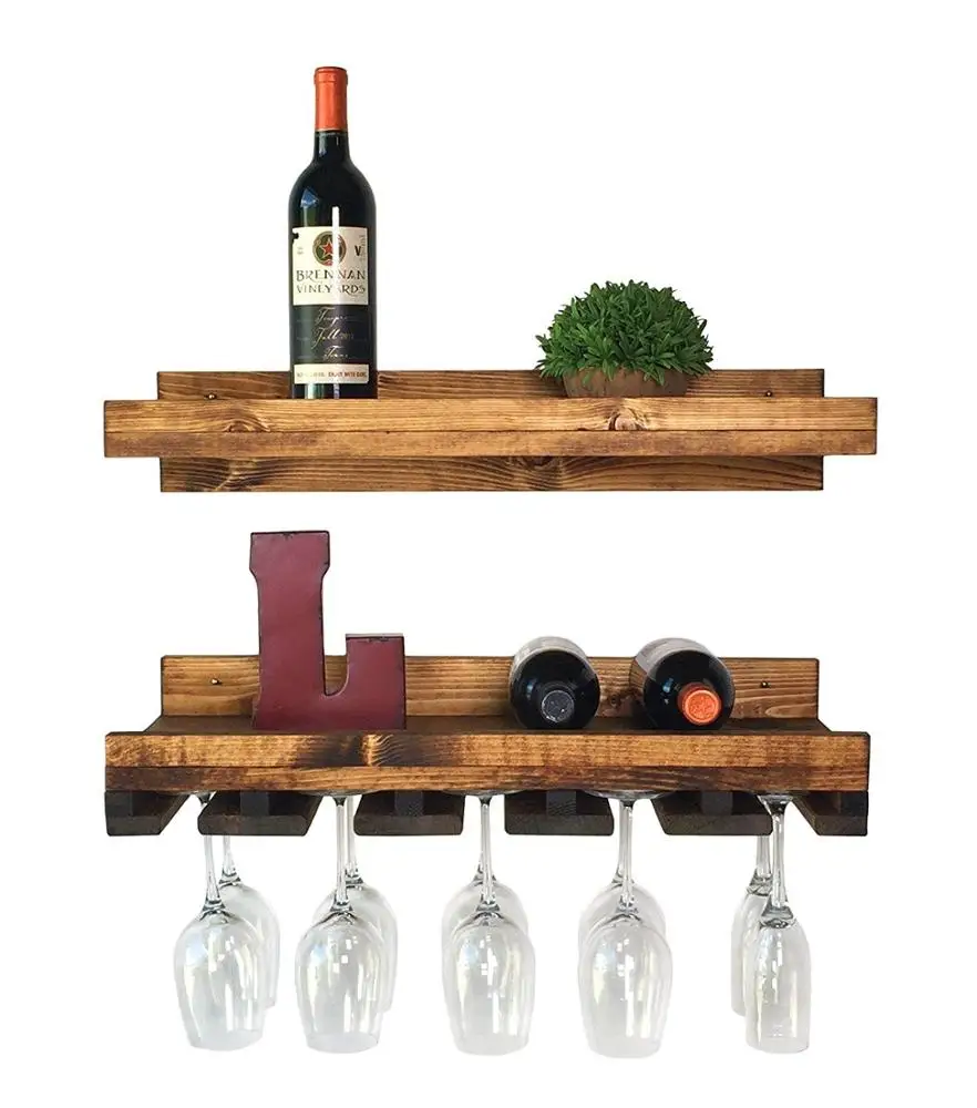 

Hot handmade floating wine rack and glass rack on the wall, Wood color