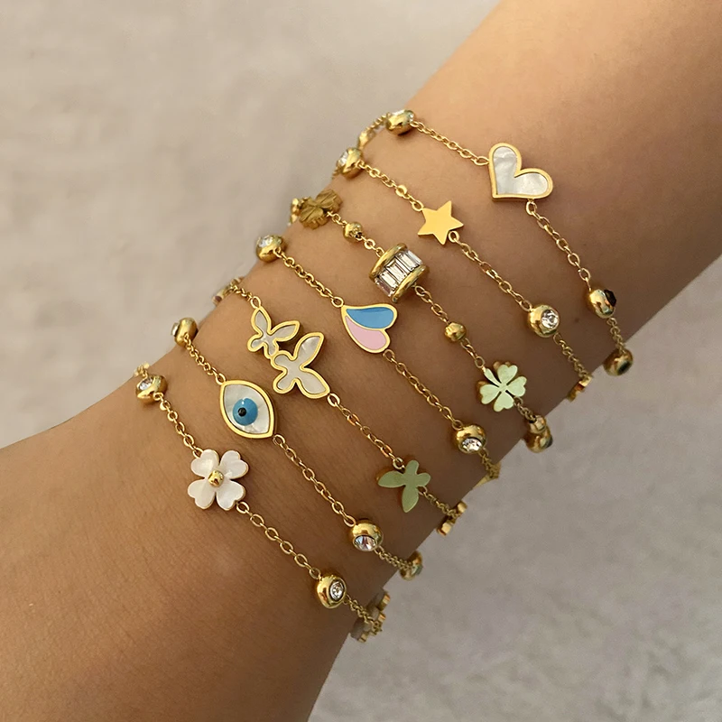 

Trendy Gold Stainless Steel Bracelet Charm Heart Butterfly Four-leaf Clover Stacked Fritillaria Bracelet