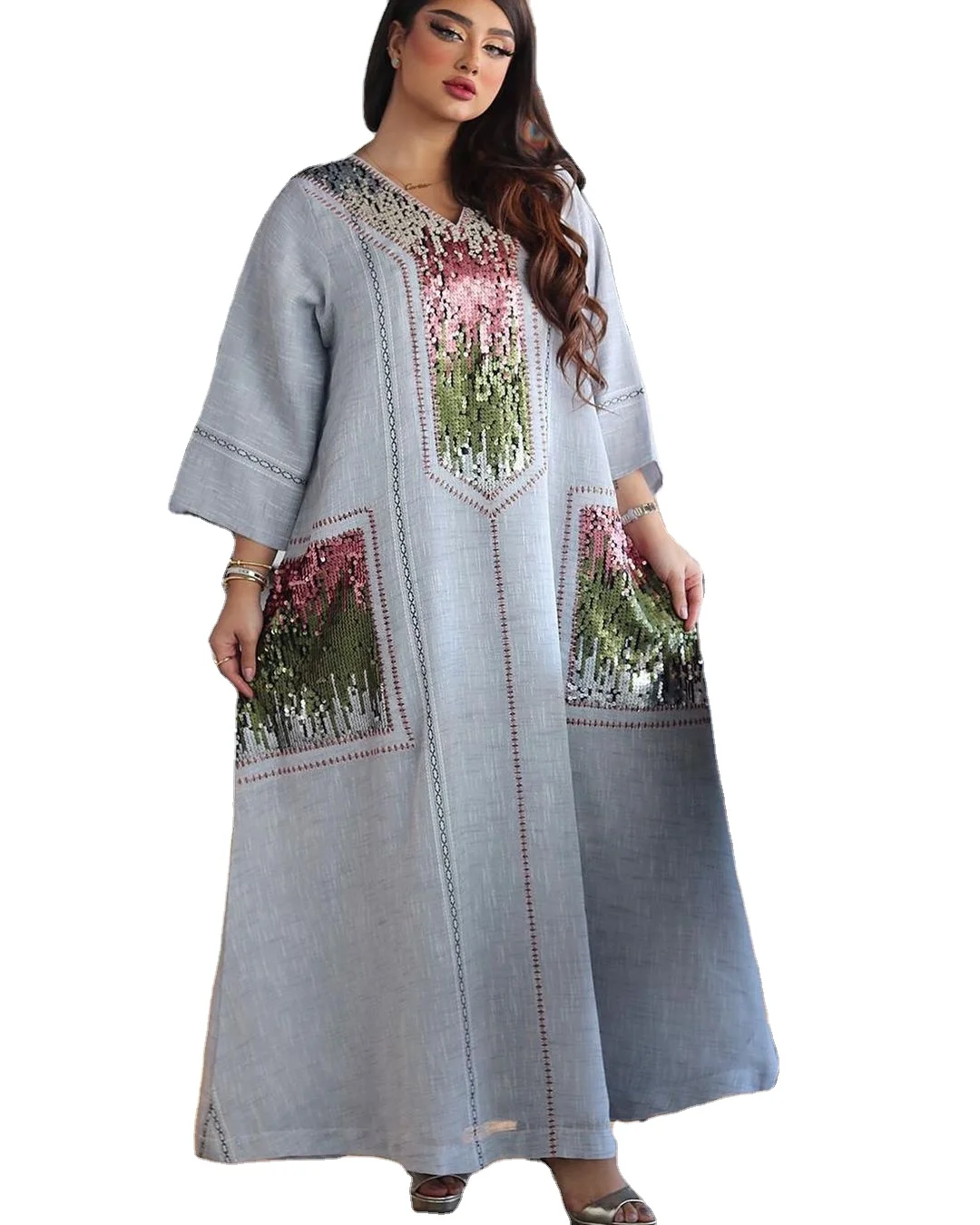 

Wholesale Jalabiya Dubai Sequin Embroidered Robes White Muslim Ramadan Women's 2021 New, White, grey