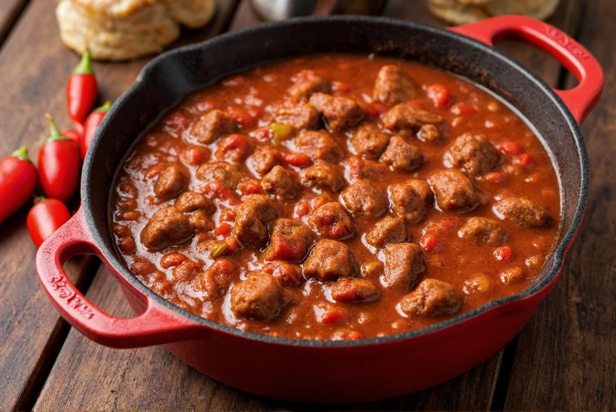Texas-style chili con carne in cast iron pot with beef chunks and red chili peppers