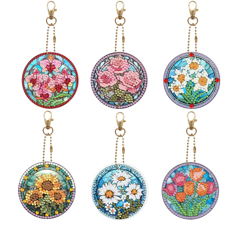 

Diamond Painting Keychain DIY Manual Double-sided Stick Diamond Flower Acrylic Keychain Diamond Painting Kit For Kids