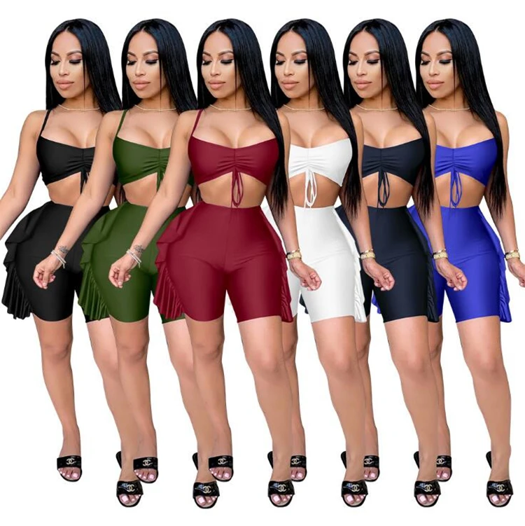 

2021 Ruffle Fashion Silk Sexy Corset 2 Piece Shorts Set Women Clothing Summer Two Piece Outfits For Women, As pictures or customized color