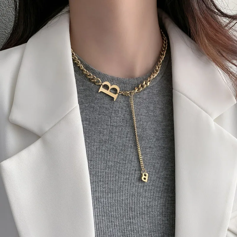 

European Gold Plating Titanium Steel Cuban Chain Necklace Long Lariat Letter B Stainless Steel Initial Necklace For Women