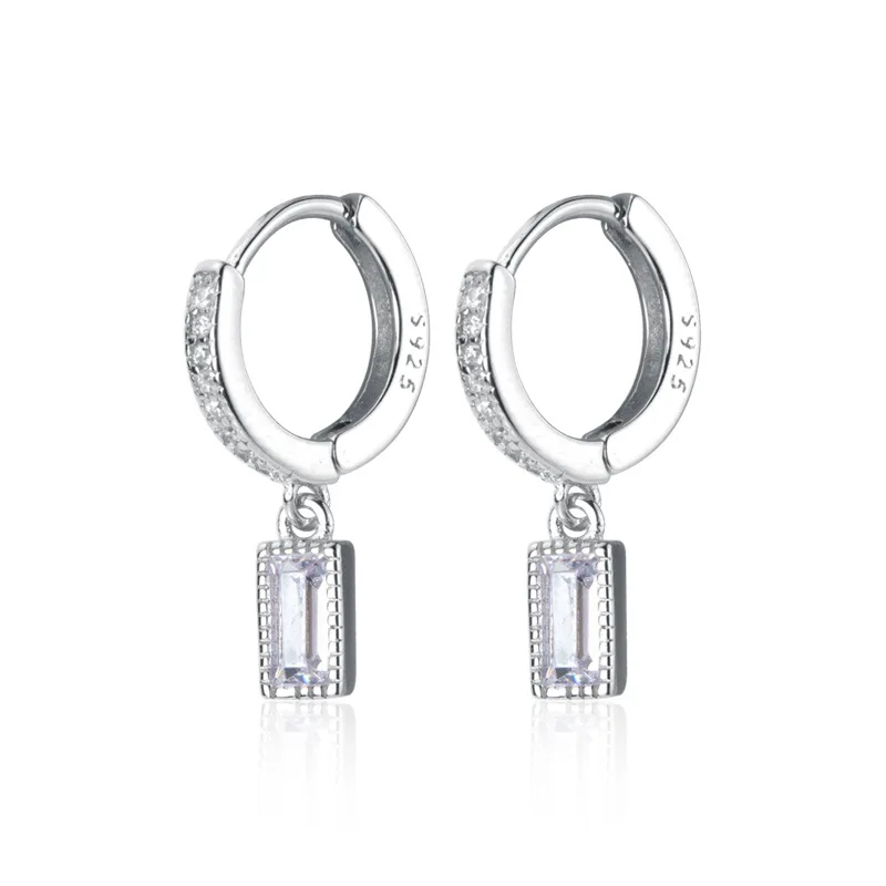 

ENSHIR High Quality Silver Rectangle Charms Earrings Cubic Zircon Copper Dangle Earrings For Minimalist Bridesmaid Gift, Silver color