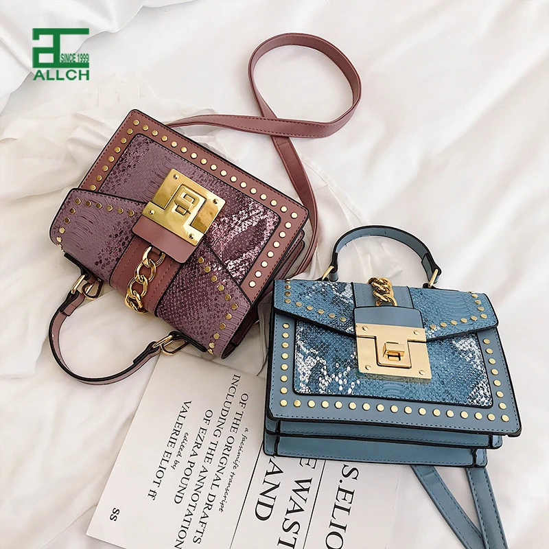 

ALLCH Women Hand Bag Ladies Shoulder Lock Rivet Pu Serpentine Leather Square Fashion Women Purse Handbag