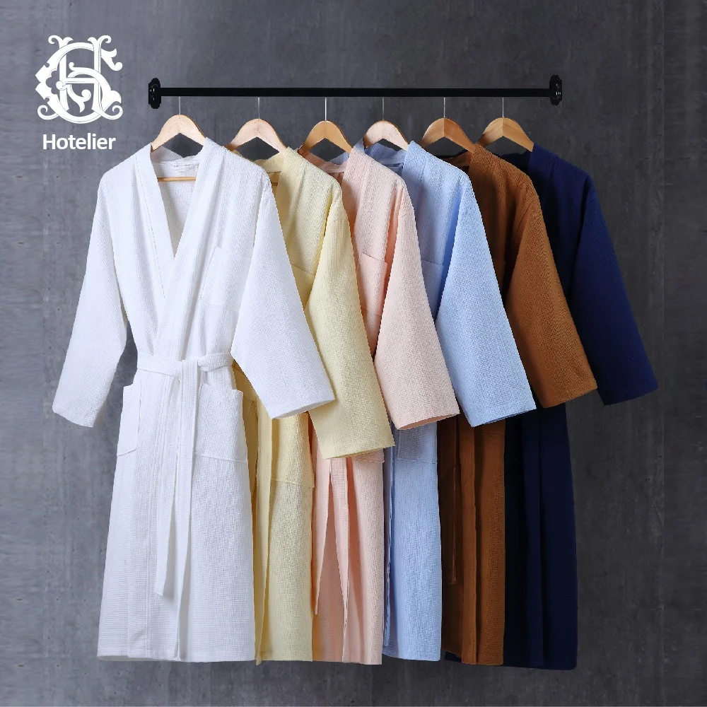 

Easy Customize 100% Cotton Waffle White Spa Hilton Hotel Bathrobe Beling Textile Custom Bath Robe For Women and Man With Logo