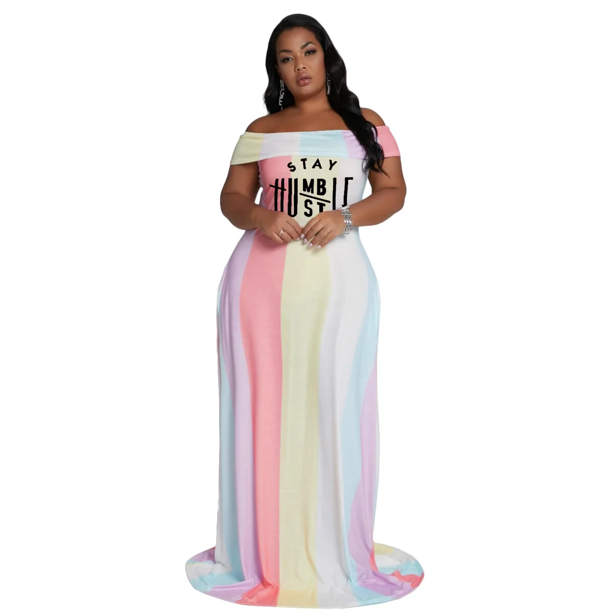 

DYY0154 2021 Plus size women fashion contrast color striped sexy one-shoulder long dresses