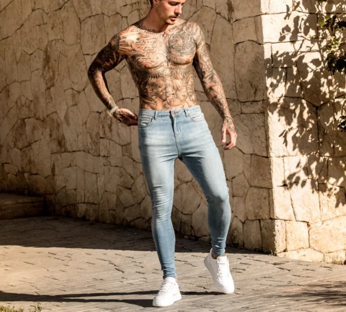

New Men Pencil Pants 2020 Fashion Men Casual Slim Fit Straight Stretch Feet Skinny Zipper men Jeans pants, Blue