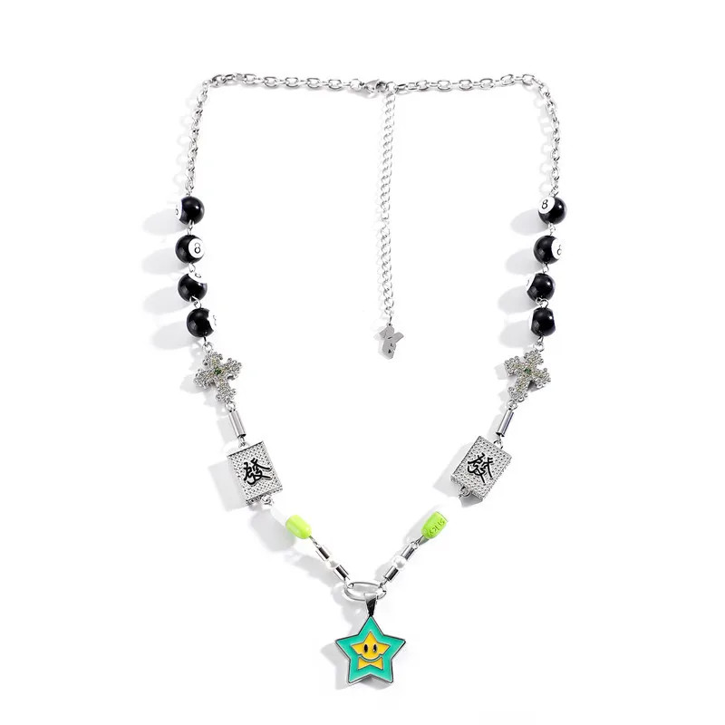 

Hip Hop Personality Number Bead Chain Crystal Cross Smiling Face Lucky Star Pendant Necklace for Men