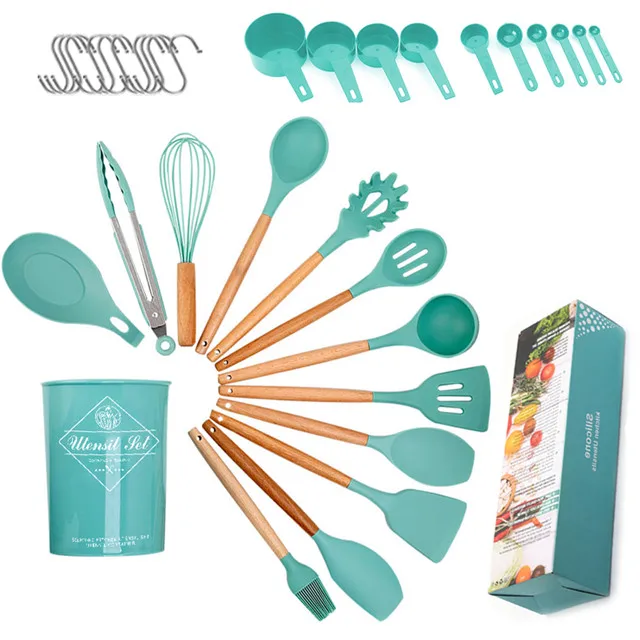 

China Factory Non Stick Kitchenware Kitchen Tools Heat-resistant Wooden Handle Silicone Kitchenware Set, Green,black,pink,gray,light green
