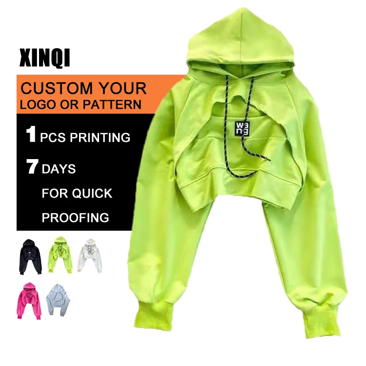 

XINQI OEM/ODM sweatshirts girls croptop hoodies oversize 300gsm cotton sleeve long crop top ladies hoodies