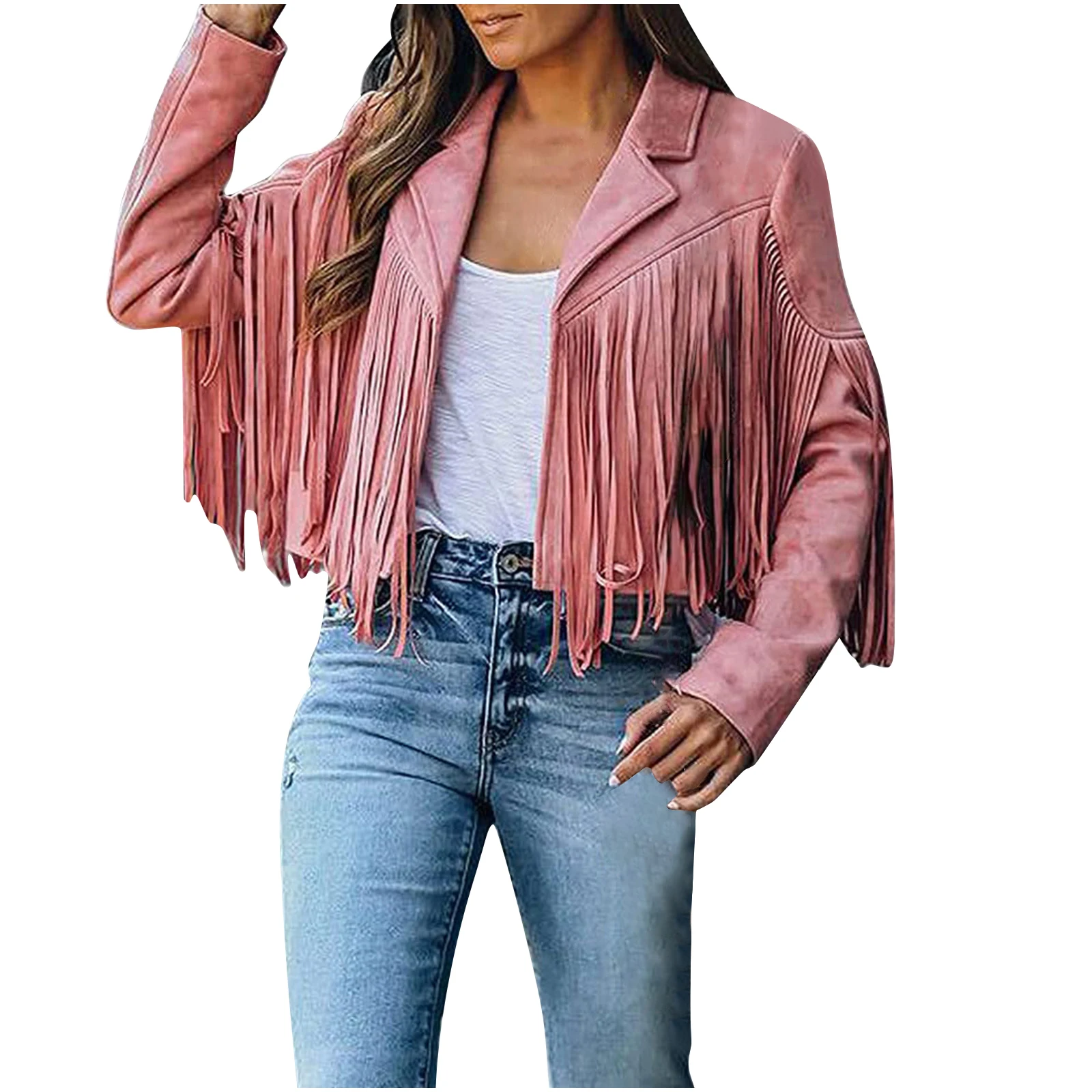 

2021 Autumn women long sleeve fashion faux leather fringe cropped jacket fall outwear double layer Jacket