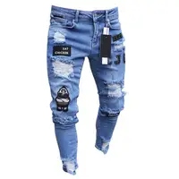 

Men Patch White Boys Ripped Blue Fashion Wear Denim Stretchy Destroyed Taped Pants Skinny Mens Jeans