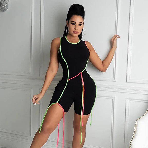 

Wholesale Fashion Clothes For Ladies Patchwork Sleeveless Biker Short Romper Women Skinny Summer Rompers -PT, White,gray,black