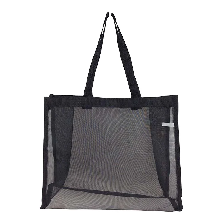 

Fashion Foldable Storage PP Webbing Handle Black Travel Polyester Mesh Shopping Tote Bag With Zipper