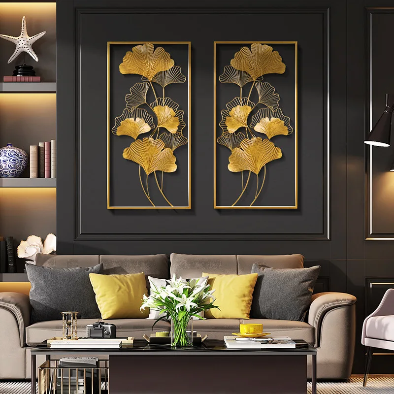 

European Style Metal Interior Living Room Wall Art Decor Simple And Light Luxury Gingko Leaf Design Metal Wall Decor For Hotel, Gold