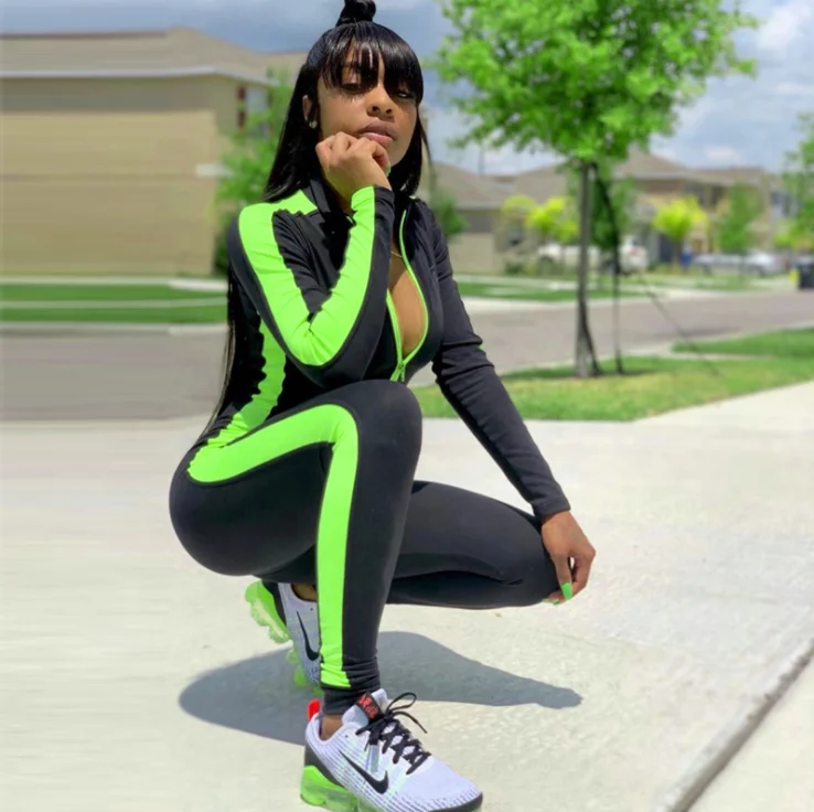 
Fluorescent color splicing zipper splicing reflective yoga sports one piece pants jumpsuits women 