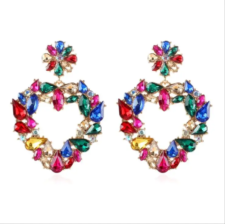 

Women Fashion New Ladies Crystal Drop Earrings Heat Shape Colorful Black Multicolour Rhinestone Statement Jewelry