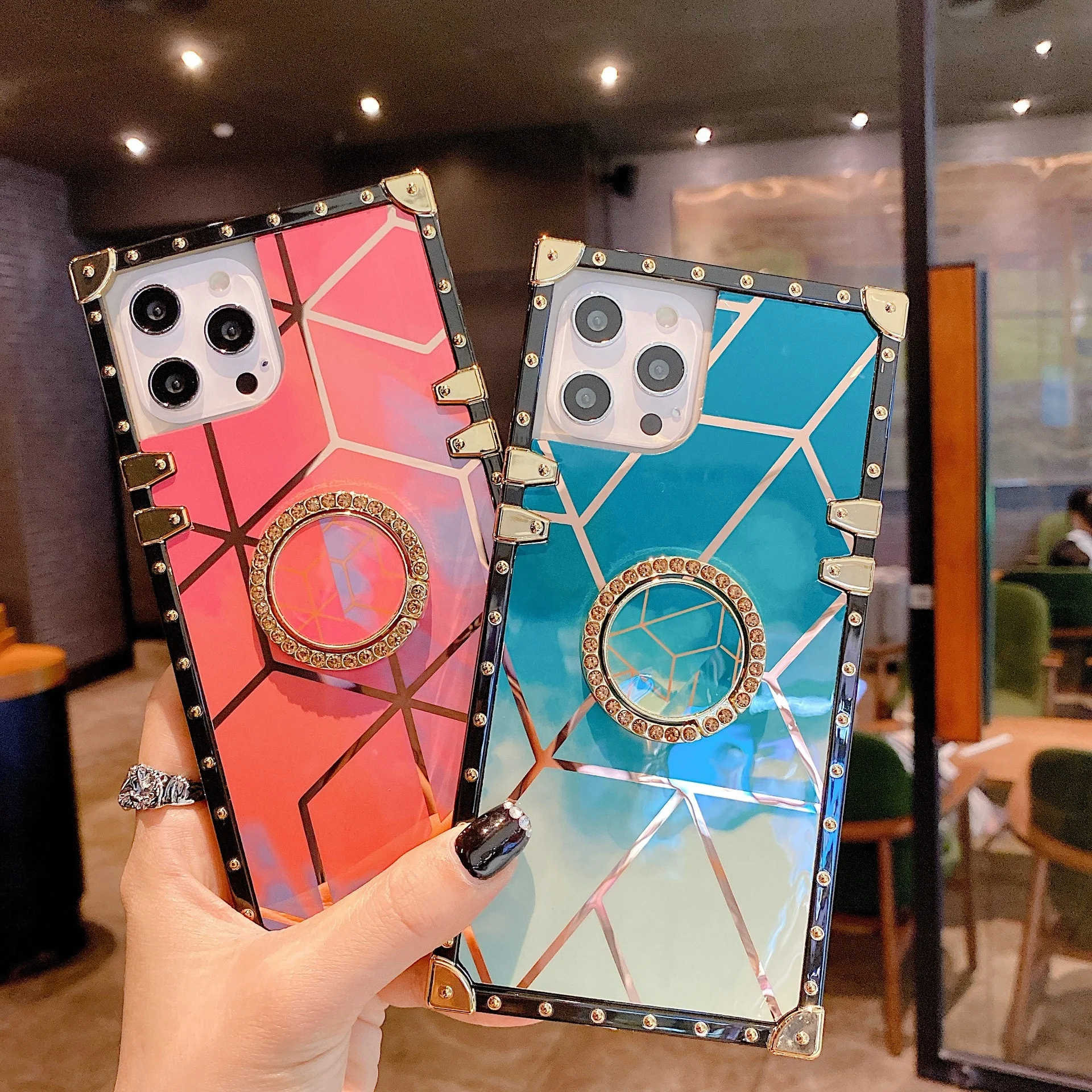 

Luxury Plated Geometry Marble Vintage Ring Holder Cellphone Cover For iPhone 12 Pro 11 XS MAX XR X 7 8 Plus Square Phone Case, 6 colors