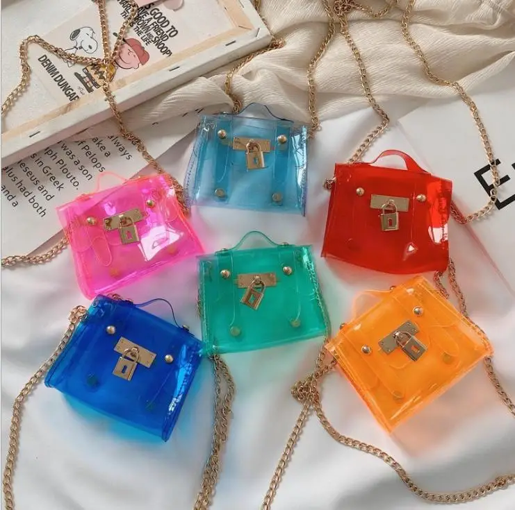

2021 New Style PVC Clear Children kids messenger shoulder bags Handbags Girls Clutch candy color bag mini jelly purses, Picture